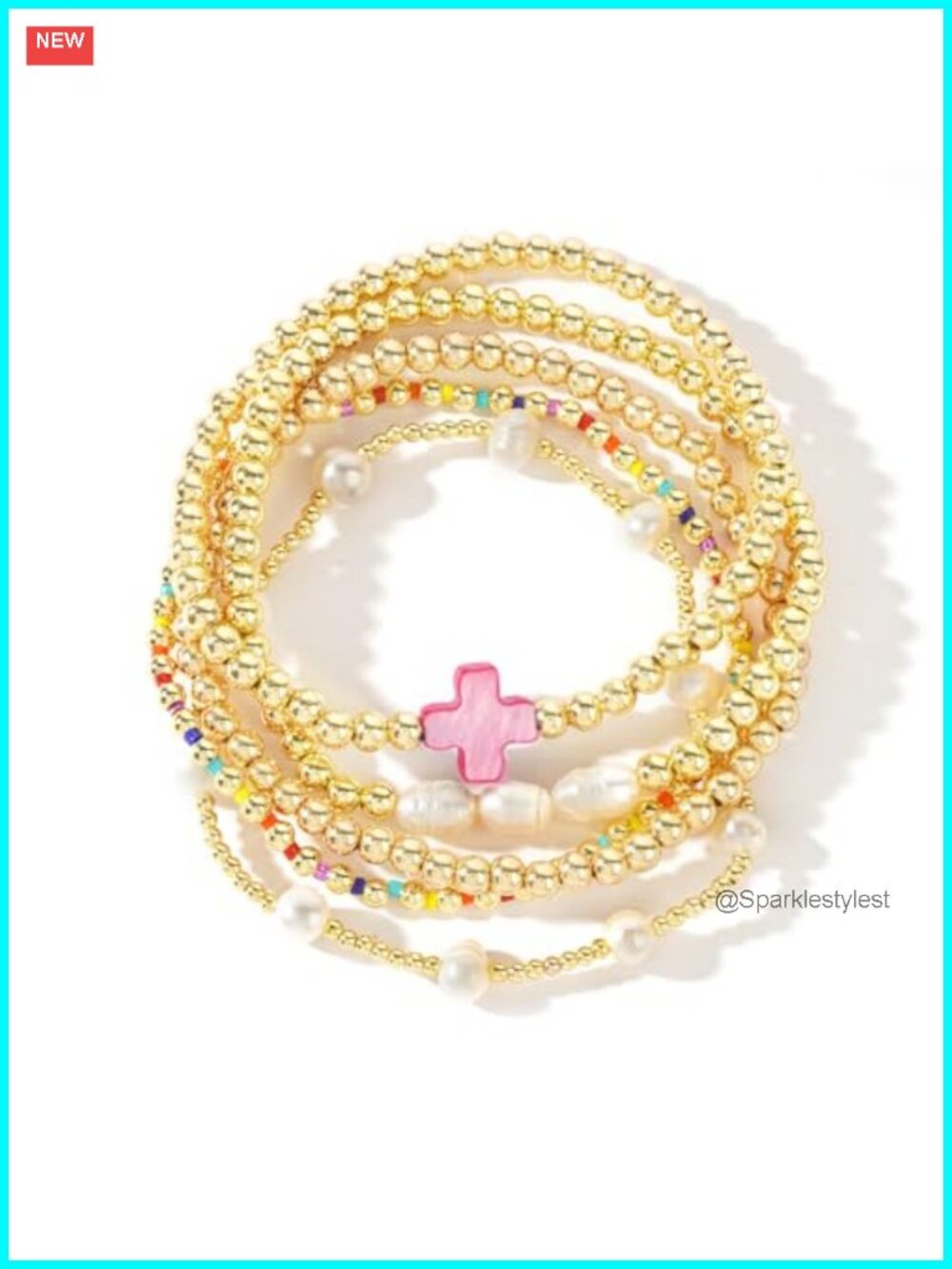 14K Gold Plated Pearl Beaded Cross Bracelets Stretch Stack Set